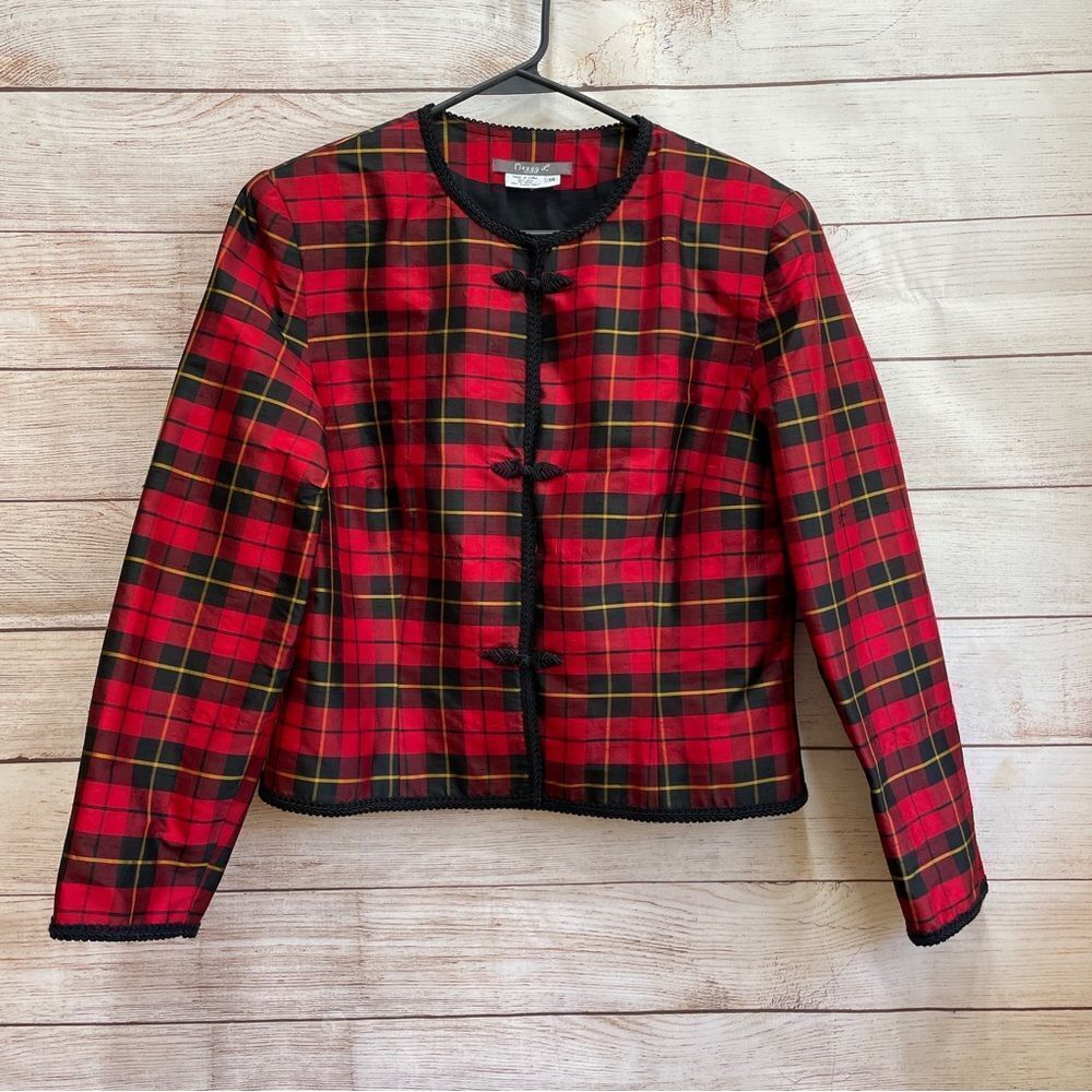 MAGGY L 100% SILK BLAZER IN RED‎ AND BLACK PLAID